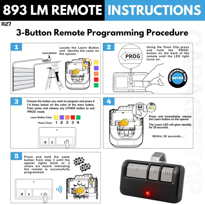 GARAGE STOP 2X 893LM 893Max 891LM 371LM 373LM 971LM 973LM for Chamberlain Craftsman Liftmaster Universal Garage Door Opener Remote Replacement, Long-Range Garage Clicker - Image 4